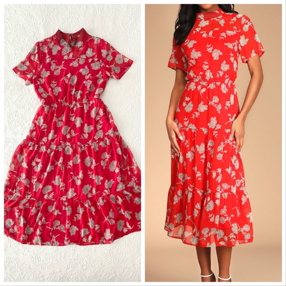 NWOT Lulus Floral Dressed Up Red Floral Print Midi Dress Small
